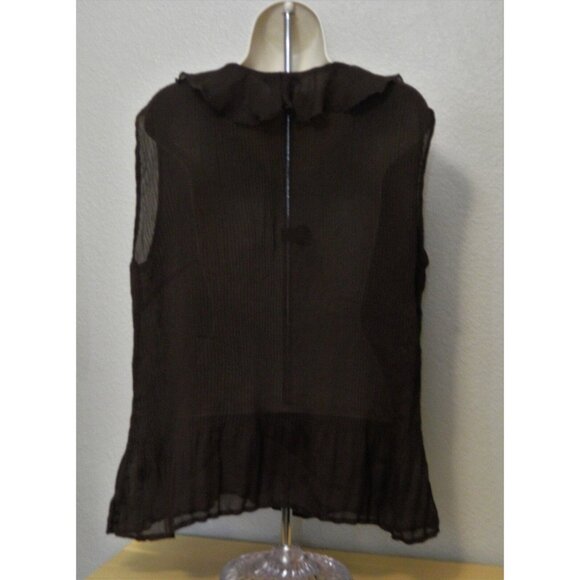 Christopher & Banks Ruffled Top L Dark Brown Sheer Pleated Sleeveless - Picture 6 of 10